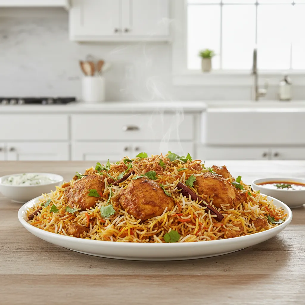 Steaming chicken biryani plated in a bright modern kitchen