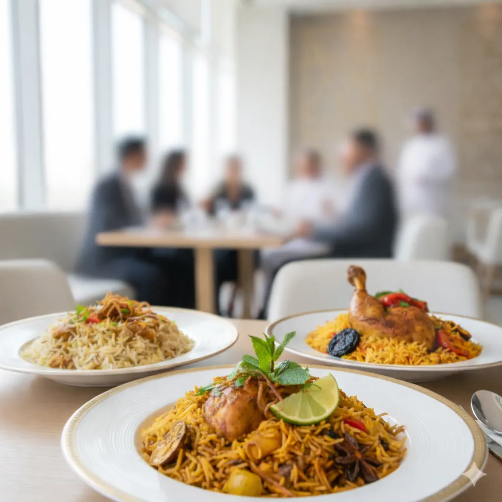 Plated basmati rice dishes served in a fine-dining restaurant